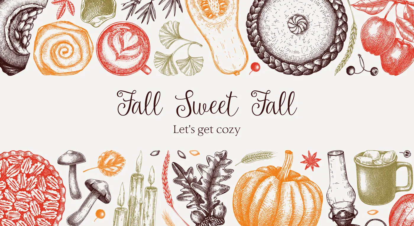 Vintage autumn frame design template. Hand-drawn vector illustration. Pumpkin, hot drink, fruit, pie, pastry, fall leaves sketches. Thanksgiving background in color.         Illustration